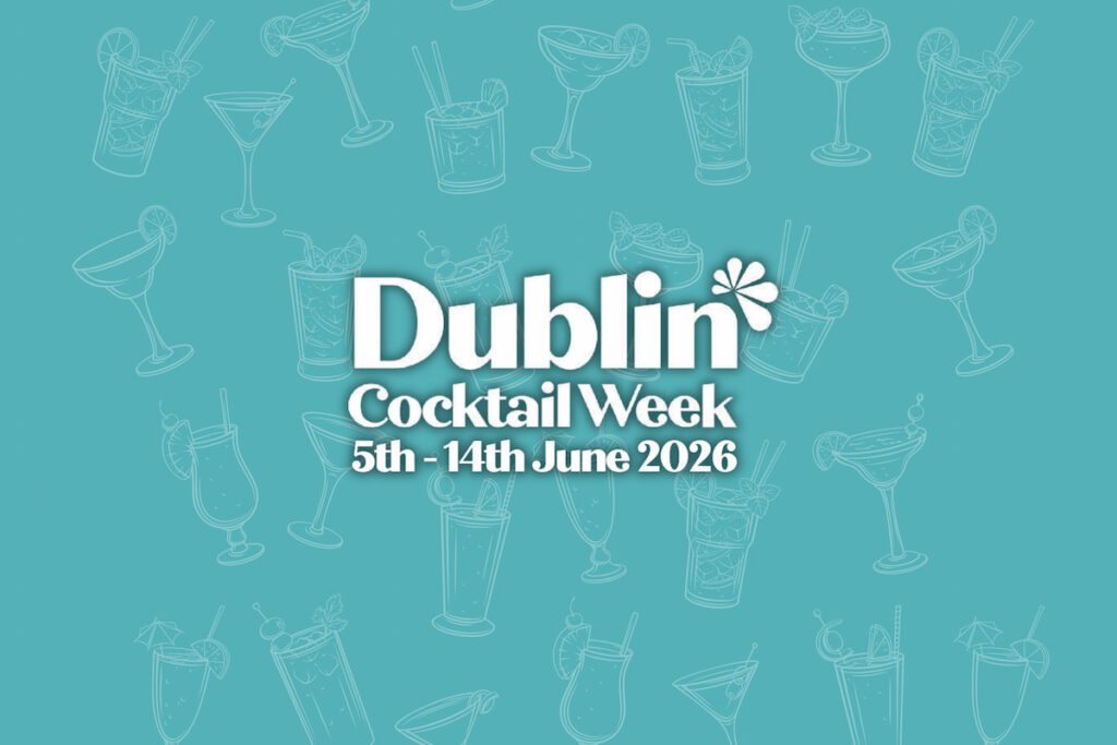 Dublin Cocktail Week 2026 banner with cocktails on teal. Enjoy diverse drinks and vibrant nightlife in Dublin.